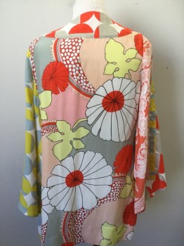 ELOISE, Cream, Orange, Red, Yellow, Black, Silk, Floral, Abstract , Cream with Red,orange, Yellow, Gray, Black Outline Large Floral Print, Open, Japanese Style Long Sleeves,