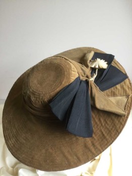 Womens, Hat 1890s-1910s, N/L, Lt Brown, Black, Cream, Cotton, Straw, Solid, Light Brown Velvet, Wide Brim, with Black Faille Bow and Cream Faille 3D Detail (Looks Like Origami Cocktail Umbrella), Underlayer Is Tan Straw,