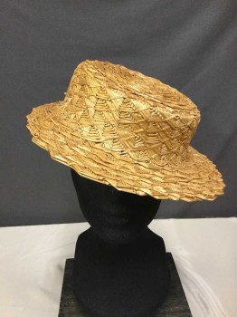 Womens, Hat 1890s-1910s, NO LABEL, Caramel Brown, Straw, Geometric, Woven Straw Hat with Brim,