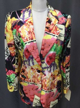 Iceberg, Multi-color, Silk, Abstract , 1 Button, Notched Lapel, 2 Welt Pocket, Labeled Fruit Stand Print Graphic