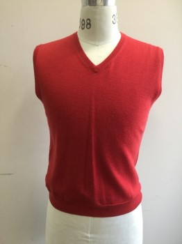 JOS A. BANKS, Red, Wool, Solid, V-neck, Ribbed Knit Collar/Armhole/Waistband