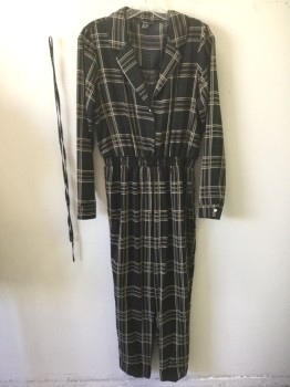 Womens, Jumpsuit, FOREVER 21, Black, Brown, Cream, Polyester, Plaid-  Windowpane, M, Black with Brown and White Windowpane Stripes, Long Sleeves, Notched Lapel, 3 Cream Buttons at Front, Elastic Waist, Tapered Leg with Cuffed Hems **2 Pieces - Comes with Self Fabric 1/2" Wide Cord Belt/Tie