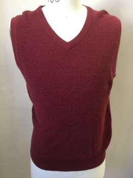 BROOKS BROTHERS, Cranberry Red, Cotton, Cashmere, Solid, V-N, Pullover, Pique Texture, Ribbed Knit Collar/Armhole/Waistband
