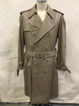 Mens, Coat, Trenchcoat, JG HOOK, Lt Brown, Cotton, Solid, 40, Double Breasted, Raglan Sleeves,  Epaulets, 2 Vertical Pocket, Detached Back and Right Front Yoke, Matching Buckle Belt, Belt Loops, Cuffs Have Loops and Buckle Belts, Comes with Removable Collar Extender, Kick Pleat Center Back,