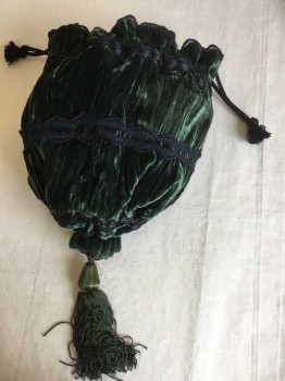 Womens, Purse 1890s-1910s, N/L, Green, Black, Olive Green, Synthetic, Solid, PURSE:  Dark Green Velvet Crushed W/3 Rows Of Black Ribbon, Detail Tassel Bottom, Black Lining, Black Rope D-string Top,
