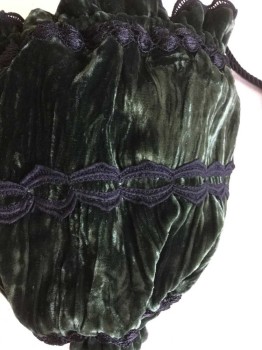Womens, Purse 1890s-1910s, N/L, Green, Black, Olive Green, Synthetic, Solid, PURSE:  Dark Green Velvet Crushed W/3 Rows Of Black Ribbon, Detail Tassel Bottom, Black Lining, Black Rope D-string Top,