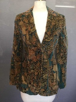 Womens, Blazer, Tour De France, Dk Brown, Lt Brown, Teal Blue, Green, Cotton, Synthetic, Floral, Novelty Pattern, B32, Floral Print with A Woman. Notched Lapel, 2 Pockets, 2 Buttons,