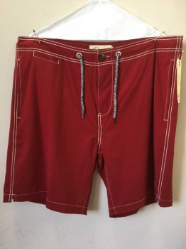 Mens, Swim Trunks, SURFSIDE, Red, Synthetic, Solid, XL, Red, White Stitching