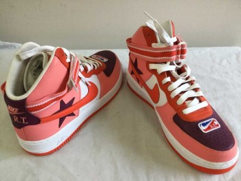 Mens, Shoe, Sneakers/Tennis , Nike R.T., Pink, Red, Purple, Leather, Rubber, Color Blocking, 9, High Tops, Striped Web Velcro Straps At Ankles