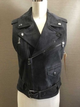 Womens, Leather Vest, PARKER, Midnight Blue, Suede, Solid, XS, Asymmetrical Moto Style Zip Front, 3 Pockets, Snap Down Notch Collar, Epaulets, Quilted Back Waist, Attached Buckle Belt