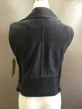 Womens, Leather Vest, PARKER, Midnight Blue, Suede, Solid, XS, Asymmetrical Moto Style Zip Front, 3 Pockets, Snap Down Notch Collar, Epaulets, Quilted Back Waist, Attached Buckle Belt