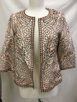 ZARA, Cream, Lt Pink, Black, Cotton, Geometric, 3/4 Sleeve, Embroidery All Over, Open Front W/no Closures