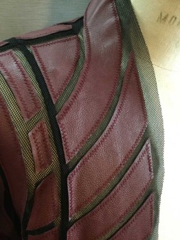 Unisex, Sci-Fi/Fantasy Jacket, CQ BY CQ, Red Burgundy, Black, Vinyl, Cotton, Geometric, M, Geometric Faux Leather Pieced Together On Mesh, Long Sleeves, No Closures,