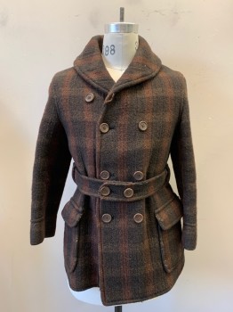 Mens, Coat, NO LABEL, Brown, Burnt Orange, Lt Brown, Wool, Plaid, 36, Self Belt with 2 Buttons, Double Breasted, 2 Pockets, Long Sleeves, Heavy Wool, Not Lined,