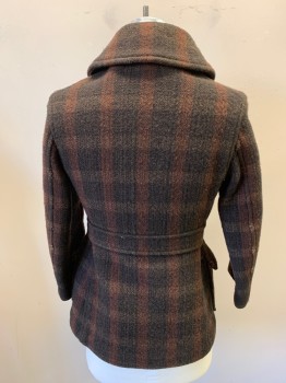 Mens, Coat, NO LABEL, Brown, Burnt Orange, Lt Brown, Wool, Plaid, 36, Self Belt with 2 Buttons, Double Breasted, 2 Pockets, Long Sleeves, Heavy Wool, Not Lined,