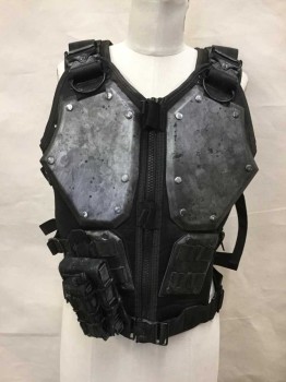 Unisex, Sci-Fi/Fantasy Vest, NO LABEL, Black, Synthetic, Nylon, 36+, Vest, Adjustable Side Straps, Shoulder Straps/Buckles, Faux Metal Breast And Back Plates, Zip Front, Waist Buckle, Detachable Device Holder, Multiples