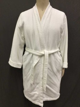 Mens, Bathrobe, HOTEL COLLECTION, White, Cotton, Solid, L, No Collar, Belt Loops, Belt, 2 Pockets, Waffle, Cuffs