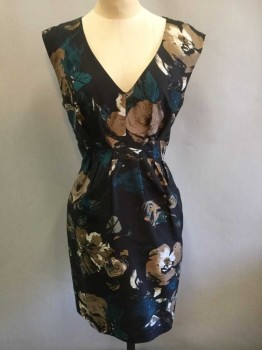 LAUNDRY BY SHELLI SE, Black, Tan Brown, Navy Blue, Cream, Camel Brown, Polyester, Floral, Black with Tan, Navy, Cream and Camel Floral Pattern, Sleeveless, V-neck, Vertical Pleats at Center Front Waist, Hem Above Knee, Invisible Zipper at Side