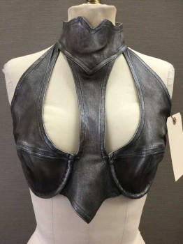 Silver, Brown, Leather, Solid, Top With Open Work, Demi Shaped Bra Cups, High Neck, Sleeveless, Open Center Back