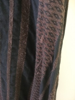 Womens, Sci-Fi/Fantasy Cape, MTO, Black, Brown, Cotton, Rayon, Stripes, Diamonds, S, Black & Brown Woven Striped Fabric with Diamond Patterned Stripes. Hook and Eye Closure at Neck Front, with Arm Slits at Front. Crushed Brown Velour Trimmed Hood. Some Pilling at Right Hip Area.