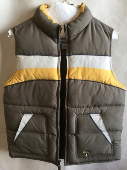 Childrens, Vest, OLD NAVY, Olive Green, Yellow, Beige, Teal Green, Polyester, Color Blocking, M, (2: 1M, 1L)  Puffy, Collar Attached, Solid Olive Lining, Zip Front, 2 Slant Pockets