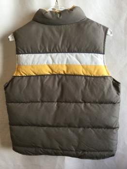 Childrens, Vest, OLD NAVY, Olive Green, Yellow, Beige, Teal Green, Polyester, Color Blocking, M, (2: 1M, 1L)  Puffy, Collar Attached, Solid Olive Lining, Zip Front, 2 Slant Pockets
