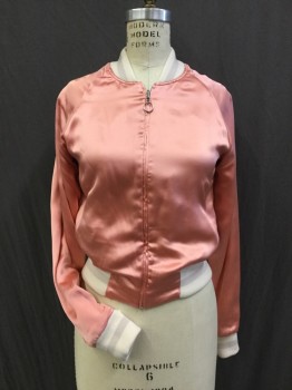 ELIZABETH AND JAMES, Rose Pink, Cream, Lt Gray, Silk, Synthetic, Solid, Stripes, Reversable . One Side - Rose Pink Silk Bomber Jacket with No Padding. Cream and Light Gray Ribbed Knit Waist, Collar Band & Cuffs & White Daisy Embroidery at Back. Other Side - Beige & Cream Panels  - Barcode is Located in Cream Side Pocket ( Left Side)