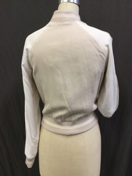 ELIZABETH AND JAMES, Rose Pink, Cream, Lt Gray, Silk, Synthetic, Solid, Stripes, Reversable . One Side - Rose Pink Silk Bomber Jacket with No Padding. Cream and Light Gray Ribbed Knit Waist, Collar Band & Cuffs & White Daisy Embroidery at Back. Other Side - Beige & Cream Panels  - Barcode is Located in Cream Side Pocket ( Left Side)