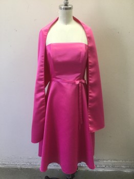 FIESTA, Pink, Polyester, Acetate, Solid, Bright Pink Satin, Strapless, Self 3/4" Wide Belt Attached at Waist with 3D Bow to the Side Front, Princess Seams, A-Line Skirt, Hem Below Knee, 2000's, **Matching Shawl/Scarf in Same Fabric