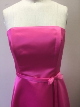 Womens, Bridal Dress, FIESTA, Pink, Polyester, Acetate, Solid, S, Bright Pink Satin, Strapless, Self 3/4" Wide Belt Attached at Waist with 3D Bow to the Side Front, Princess Seams, A-Line Skirt, Hem Below Knee, 2000's, **Matching Shawl/Scarf in Same Fabric
