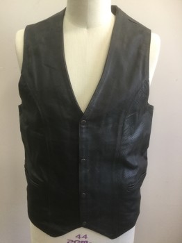 Mens, Leather Vest, UNIK PREMIUM, Black, Leather, Solid, Novelty Pattern, 44, 4 Black Snaps, 2 Pockets Perforated Leather on Sides, Patches of "Burning Bastards" Skull with Wings, Modeled on a 44, Motorcycle