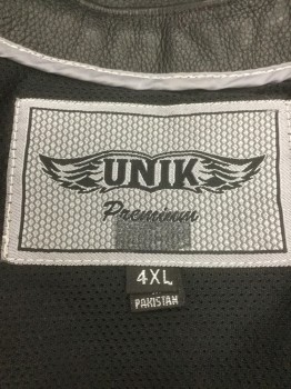 Mens, Leather Vest, UNIK PREMIUM, Black, Leather, Solid, Novelty Pattern, 44, 4 Black Snaps, 2 Pockets Perforated Leather on Sides, Patches of "Burning Bastards" Skull with Wings, Modeled on a 44, Motorcycle