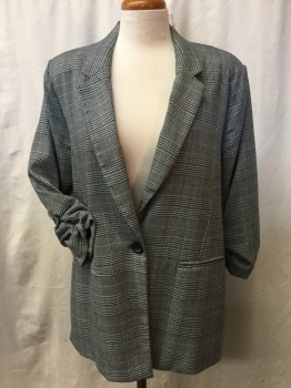 STOOSH, Black, White, Polyester, Plaid, Glen Plaid, 1 Button Single Breasted, Notched Lapel, 2 Slit Pockets, 3/4 Sleeves with Elasticated Rushed Cuffs