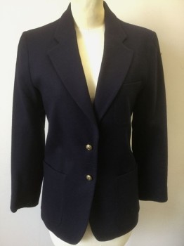 MILLS, Navy Blue, Wool, Solid, Dark Navy, Single Breasted, Notched Lapel, 2 Gold Metal Buttons, 3 Patch Pockets, Solid Dark Navy Lining