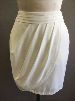 XOXO, Cream, Polyester, Spandex, Solid, Crepe, 2" Wide Waistband with Horizontal Panelling, 4 Off Center Pleats Forming Draped Detail, Wrapped Front, Hem Mini