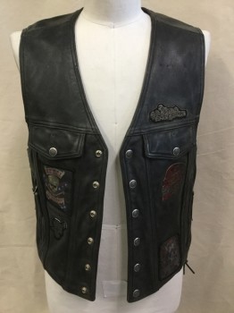 HARLEY DAVIDSON, Black, Black, Leather, Poly/Cotton, Solid, Black Aged, Black Lining,  V-neck, Studs Snap Front, 2 Pockets with Flap & 2 with Zippers, Skull Patches Front & Sitting American Flag Lady in the Back, Side Lacing