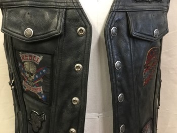 HARLEY DAVIDSON, Black, Black, Leather, Poly/Cotton, Solid, Black Aged, Black Lining,  V-neck, Studs Snap Front, 2 Pockets with Flap & 2 with Zippers, Skull Patches Front & Sitting American Flag Lady in the Back, Side Lacing
