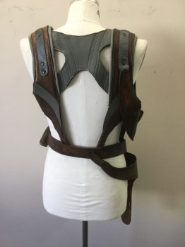 Mens, Harness, MTO, Brown, Gray, Lt Gray, Leather, Neoprene, Solid, Novelty Pattern, W34, Ch42, Brown Leather & Gray Neoprene Panels with Brown Leather Belt at Waist