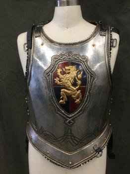 Mens, Historical Fict. Breastplate , MTO, Silver, Navy Blue, Rubber, Leather, 40, SUIT of ARMOR: Breastplate/Cuirass: Silver Rubber Aged to Look Like Metal, Molded Frame,  Leather Trim with Silver Triangle Metal Detail,  Gold Embossed Detail, Faux Rivets, Gold Lion Crest Front,Front and Back Plates, Leather Buckle Straps at Shoulder and Sides, Velcro Side Closures, Multiples See CF120857