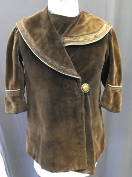 Childrens, Coat 1890s-1910s, N/L, Brown, Tan Brown, Silk, Solid, C:26, Velvet, Large Shawl Sailor Collar, 1 Gold Button, Brown Woven Trim/Edging.