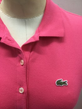 LACOSTE, Pink, Cotton, Elastane, Solid, Pique Jersey Polo Dress, Rib Knit Collar Attached, 4 Button Front, Short Sleeves, Hem Above Knee,  Green Lacoste Alligator Patch at Chest