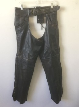 Mens, Chaps, UNIQ, Black, Brown, Leather, Solid, Faded, M, Black Aged Leather, Faded to Brown in Spots, Self Belt at Waist with Gold Buckle, Zip Closures on Legs, 2 Side Pockets, Lacing/Ties at Back Waist