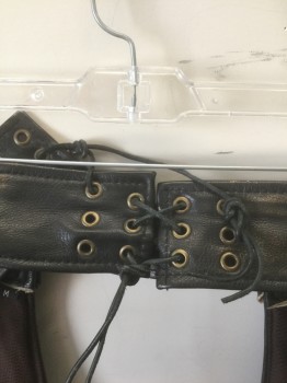 Mens, Chaps, UNIQ, Black, Brown, Leather, Solid, Faded, M, Black Aged Leather, Faded to Brown in Spots, Self Belt at Waist with Gold Buckle, Zip Closures on Legs, 2 Side Pockets, Lacing/Ties at Back Waist
