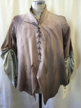 Mens, Jacket, MTO, Dusty Lavender, Brown, Lt Gray, Blue, Wool, Cotton, Mottled, Abstract , 38, Fantasy Medieval Villager, Lightweight Boiled Wool, Lacing/Ties Center Front Closure, Lacing/Ties at Arms Eyes, Belled Embroiderred Cotton Sleeves Tacked Up at Inner Elbows, Aged/Distressed,