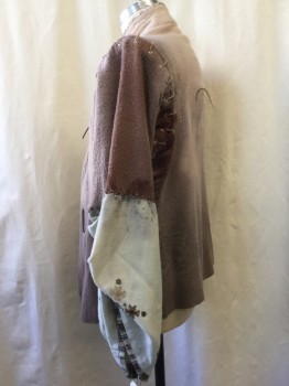 Mens, Jacket, MTO, Dusty Lavender, Brown, Lt Gray, Blue, Wool, Cotton, Mottled, Abstract , 38, Fantasy Medieval Villager, Lightweight Boiled Wool, Lacing/Ties Center Front Closure, Lacing/Ties at Arms Eyes, Belled Embroiderred Cotton Sleeves Tacked Up at Inner Elbows, Aged/Distressed,