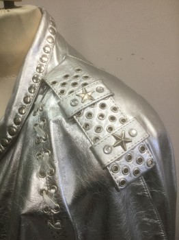 Womens, Leather Jacket, FREE ART STUDIOS, Silver, Leather, B 34, S, Shawl Lapel, Silver Circular Studs at Lapel/Front, Dolman Sleeves, Padded Shoulders, No Closures, Shoulder Epaulettes with Silver Grommets, Star Shaped Studs and Rhinestones, **Black Stain at Shoulder