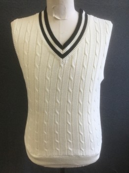 SOUTHERN PINES, Cream, Black, Cotton, Cable Knit, Solid, Cream Cabled Knit with 2 Black Stripe Accents at V-neck, Pullover