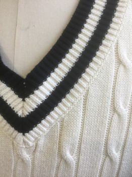 SOUTHERN PINES, Cream, Black, Cotton, Cable Knit, Solid, Cream Cabled Knit with 2 Black Stripe Accents at V-neck, Pullover