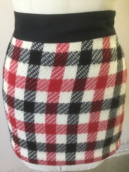 MILLY, Black, Cream, Red, Wool, Polyester, Check , Black/Cream/Red Oversized Check Pattern Wool, 2" Wide Solid Black Grosgrain Waistband, Hem Mini, Invisible Zipper at Side