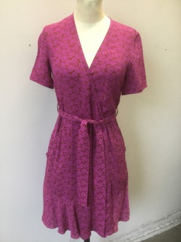 A.L.C., Magenta Pink, Dk Red, Silk, Floral, Busy Floral Ornate Pattern Chiffon, Short Sleeves, Wrap Dress with Deep V Wrapped Neckline, 1 Button Closure at Side Waist, 2 Side Pockets, Ruffled Hem, Hem Above Knee **2 Piece, with Matching Fabric Belt